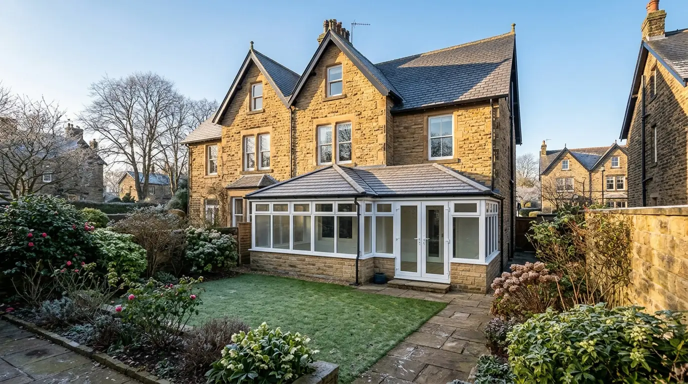Victorian stone semi in Harrogate with a white conservatory under a new grey tiled roof