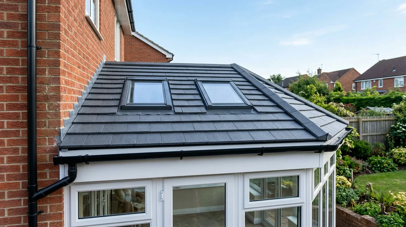 Warm roof conversion: new solid tiled conservatory roof with two roof windows on a red brick house
